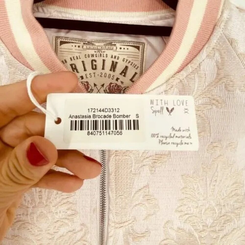 Spell & the Gypsy Pink Bomber Jacket S NWT Anastasia Brocade $280 Light Pink - Picture 5 of 6